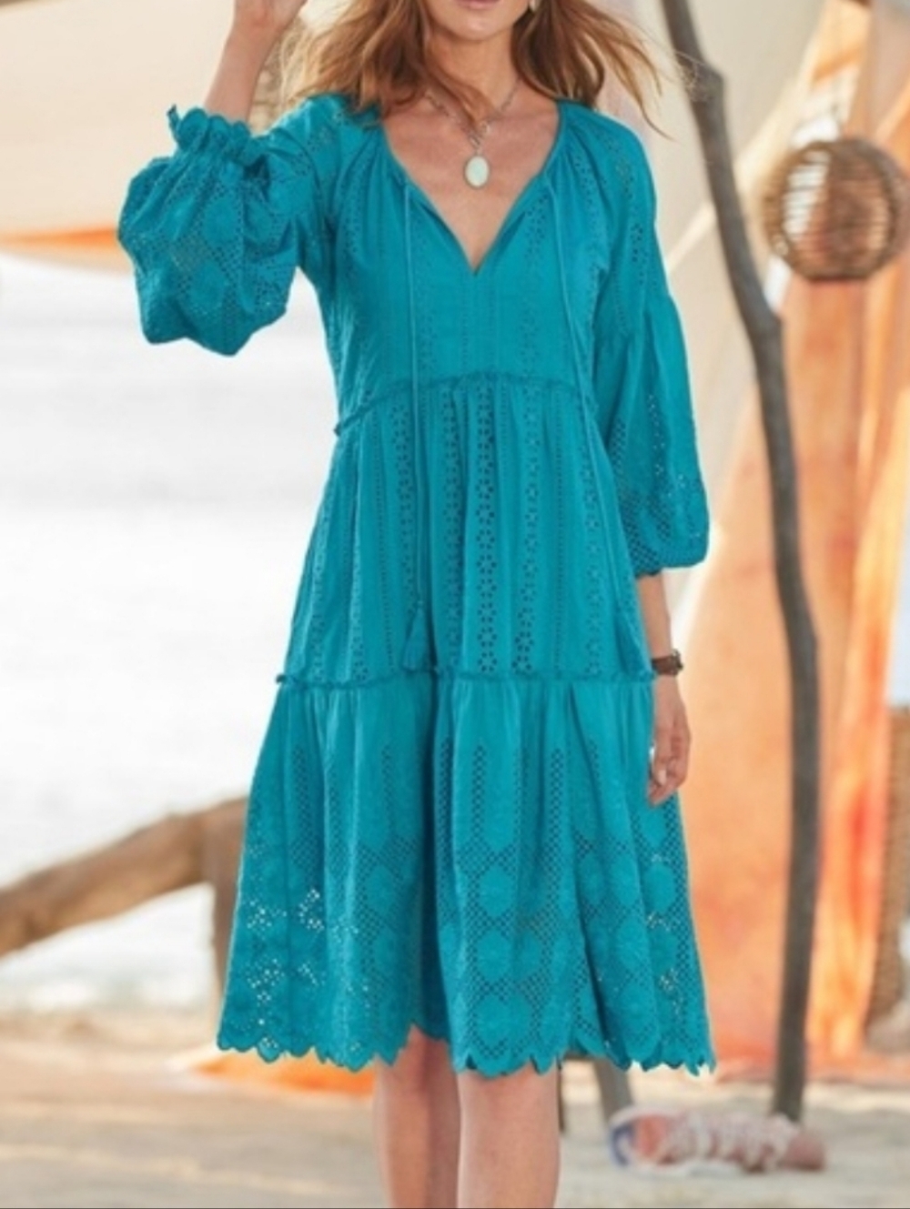 Tolani Vivi Eyelet Dress Size Small Teal Cotton Midi Anthropologie